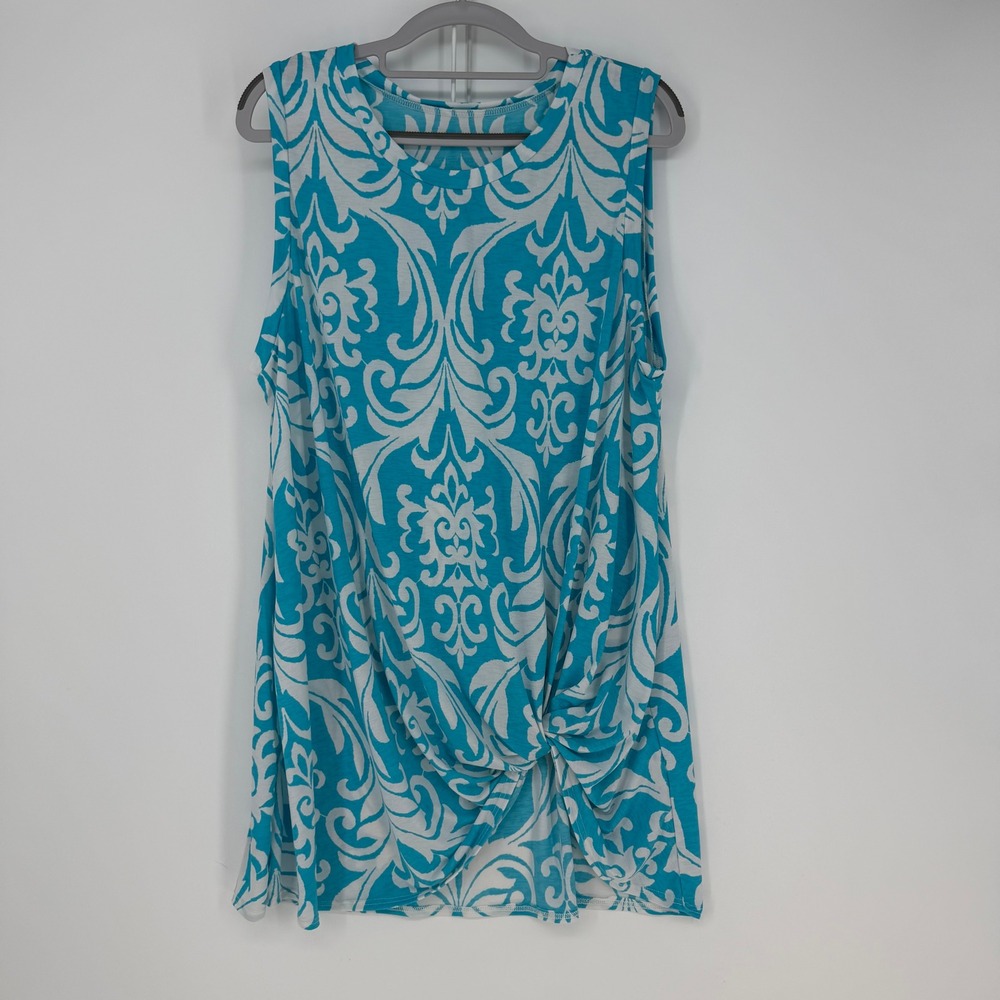 Tank Top Womens 3XL Blue Damask Knot Front Tunic Boho Chic Resortwear Knot Front